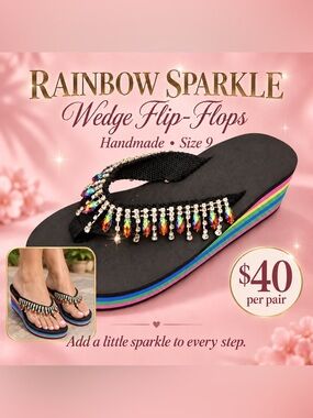 🩷. S-47.  Women's Black Wedge Flip-Flops with Multicolor Gems